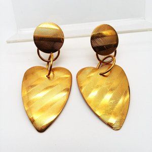 VTG Heart Earrings Dangle Gold Metal Retro Textured Drop Y2K Stylish Unique